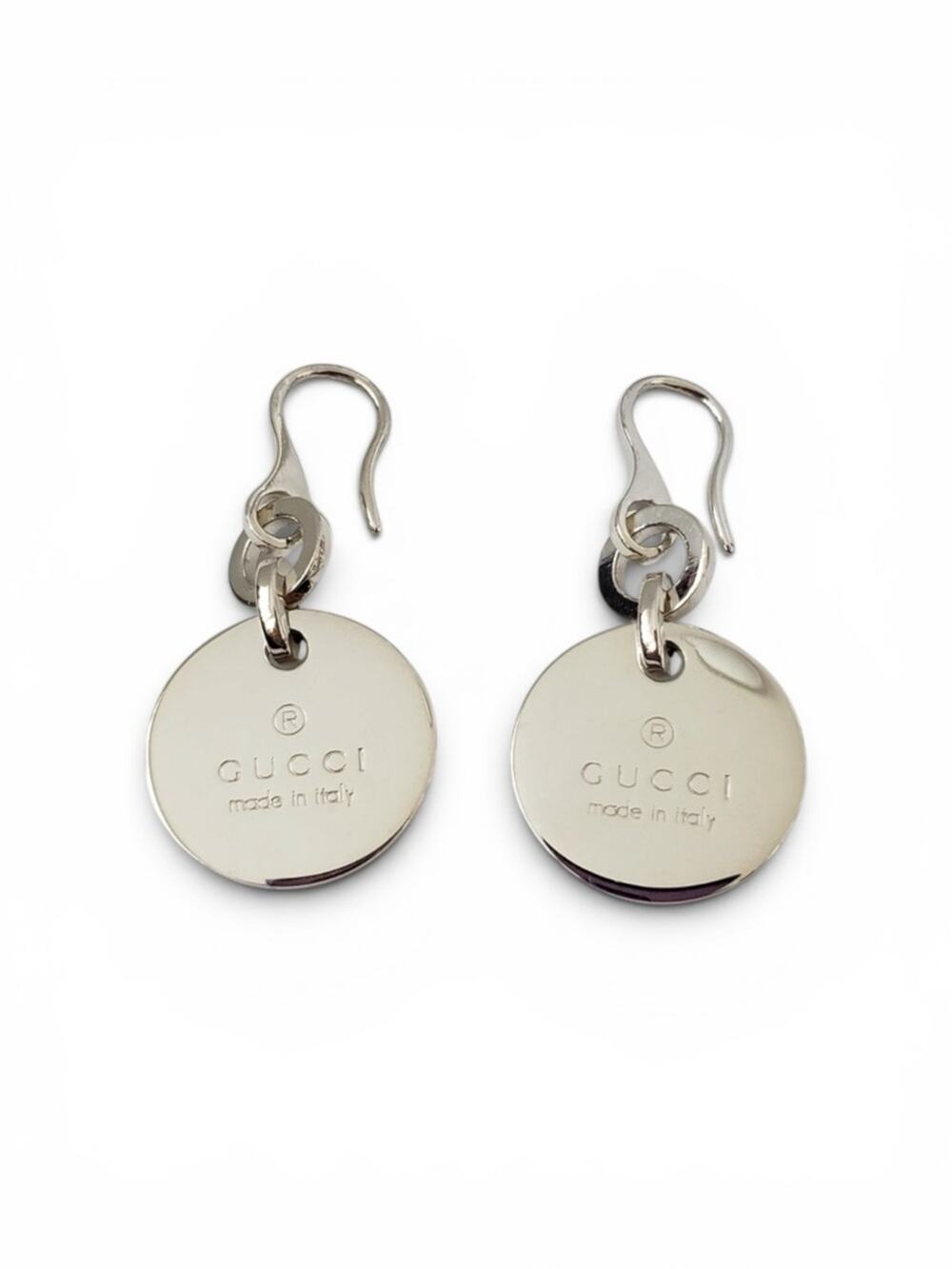 Vintage Gucci Trademark Round Tag Sterling Silver Dangle Drop Earrings